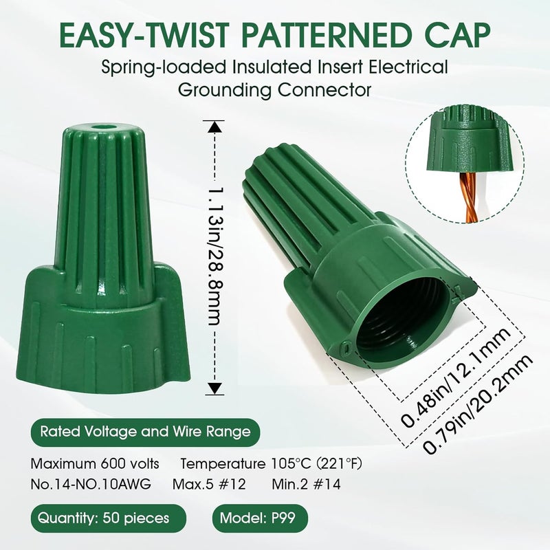 Dirvcp Professional Winged Ground Wire Connector Nuts with Hole by - 50-Pack of UL Listed Spring Loaded Wire Nuts for Safe Electrical Connections - Image 3